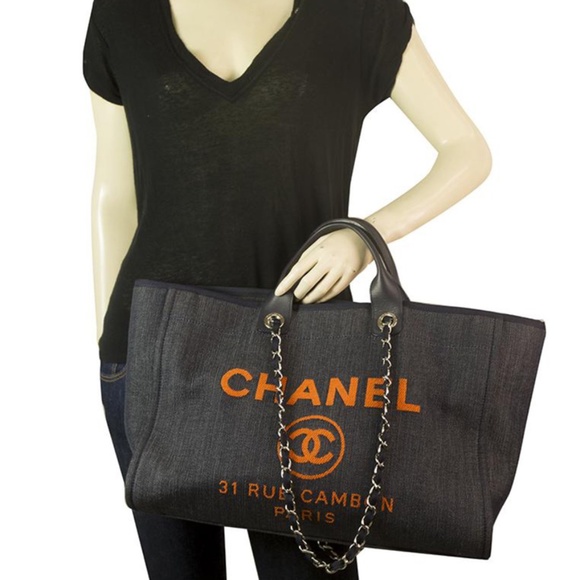 Authentic CHANEL Navy and Orange Logo Satchel - Picture 2 of 15